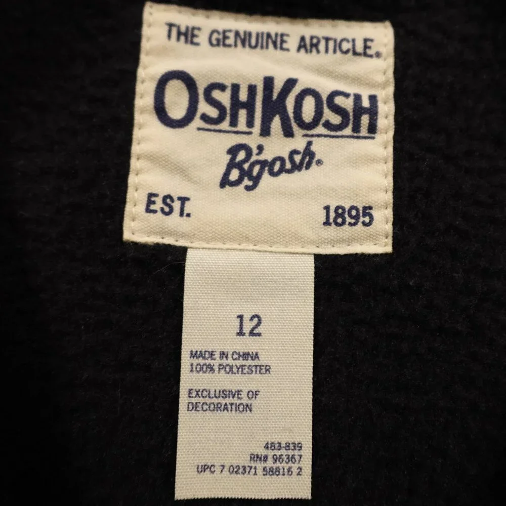 OshKosh‎ B’gosh Full Zip Fleece Hoodie Boys’ Size 12 Black Warm Cozy Jacket